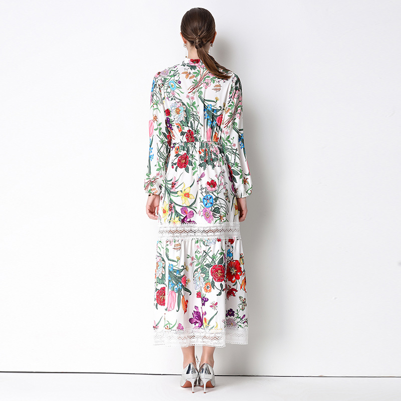 Lace hollow printing Bohemian style flowers retro dress