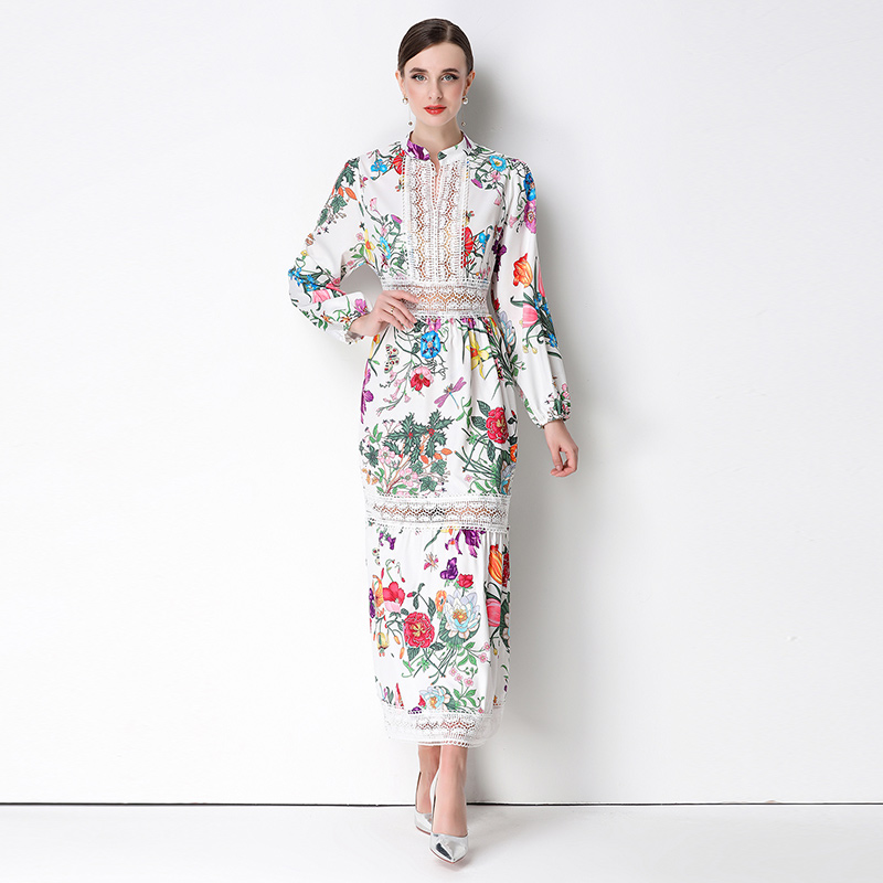 Lace hollow printing Bohemian style flowers retro dress
