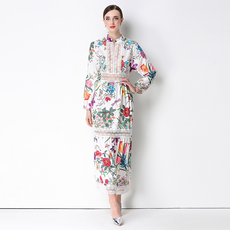 Lace hollow printing Bohemian style flowers retro dress