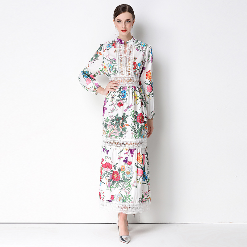 Lace hollow printing Bohemian style flowers retro dress