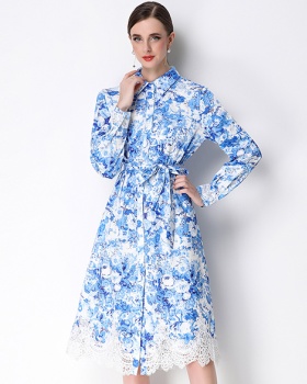Ink long lapel printing lace frenum splice dress