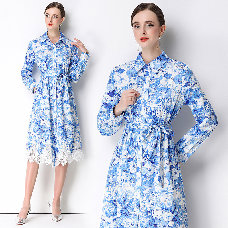 Ink long lapel printing lace frenum splice dress