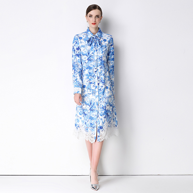 Ink long lapel printing lace frenum splice dress