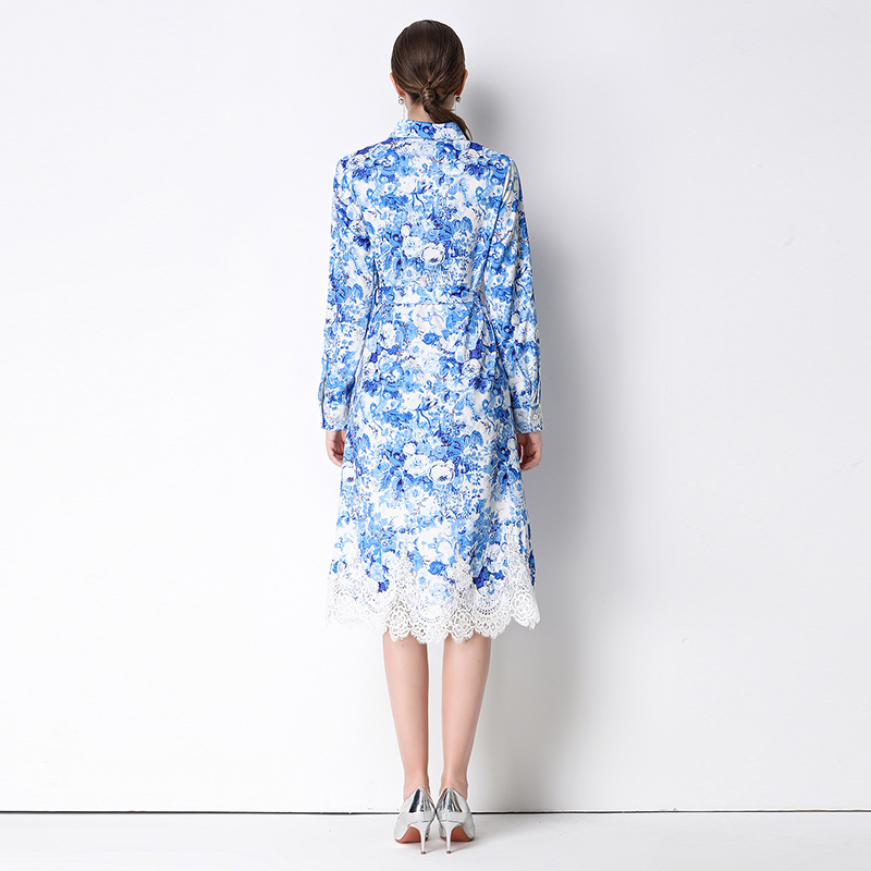 Ink long lapel printing lace frenum splice dress