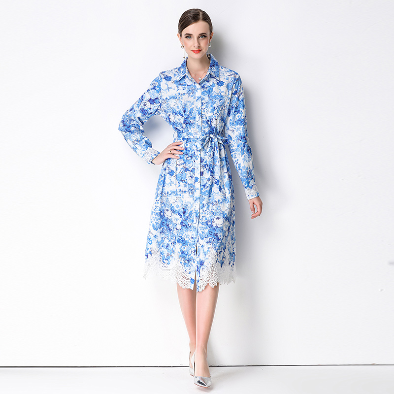 Ink long lapel printing lace frenum splice dress