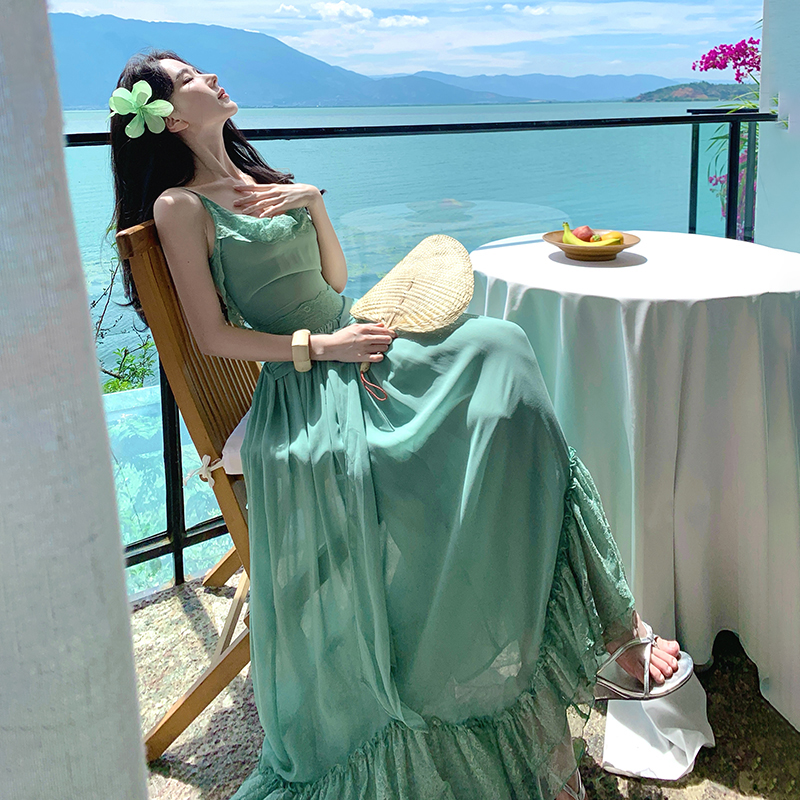 Vacation splice lace long sling back bandage dress
