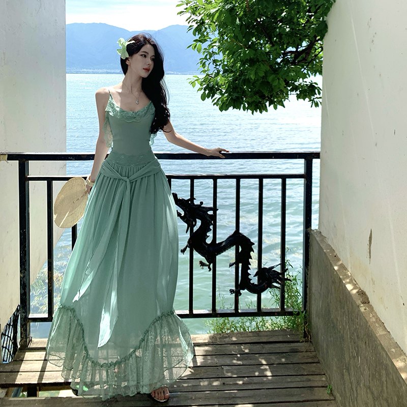 Vacation splice lace long sling back bandage dress