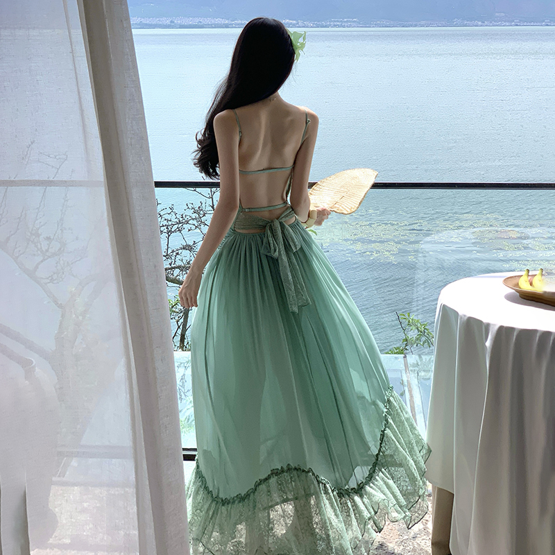 Vacation splice lace long sling back bandage dress