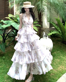 Printing chiffon beautiful halter lotus leaf edges dress