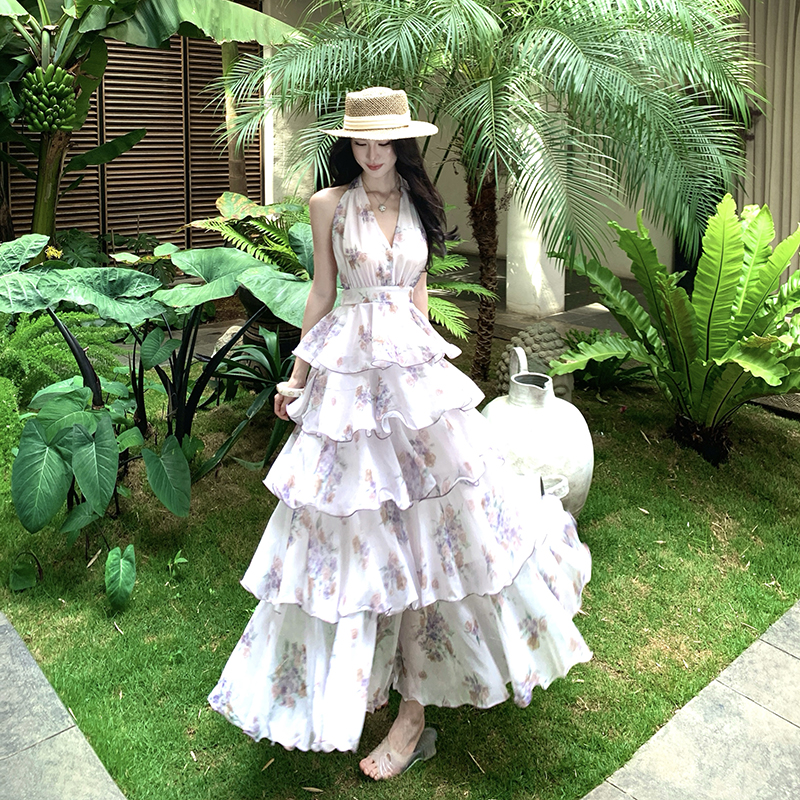 Printing chiffon beautiful halter lotus leaf edges dress