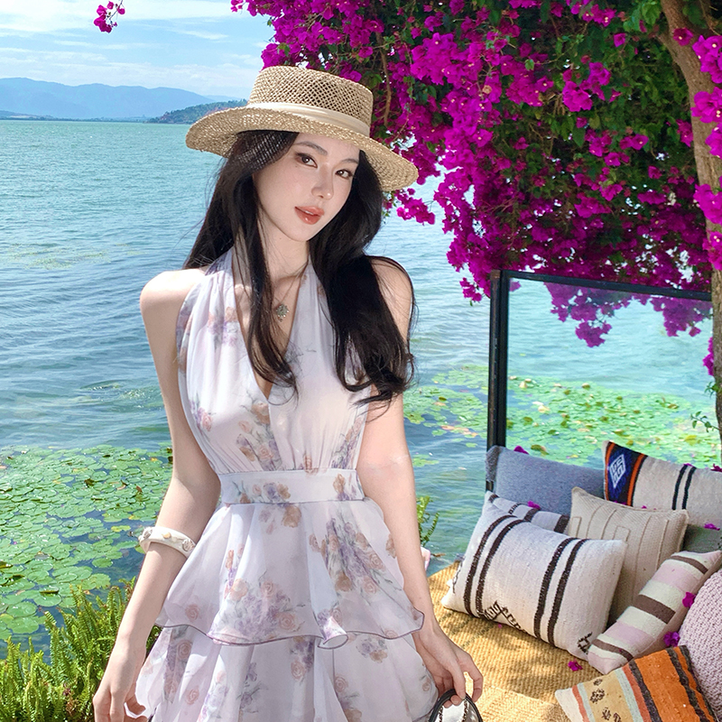 Printing chiffon beautiful halter lotus leaf edges dress