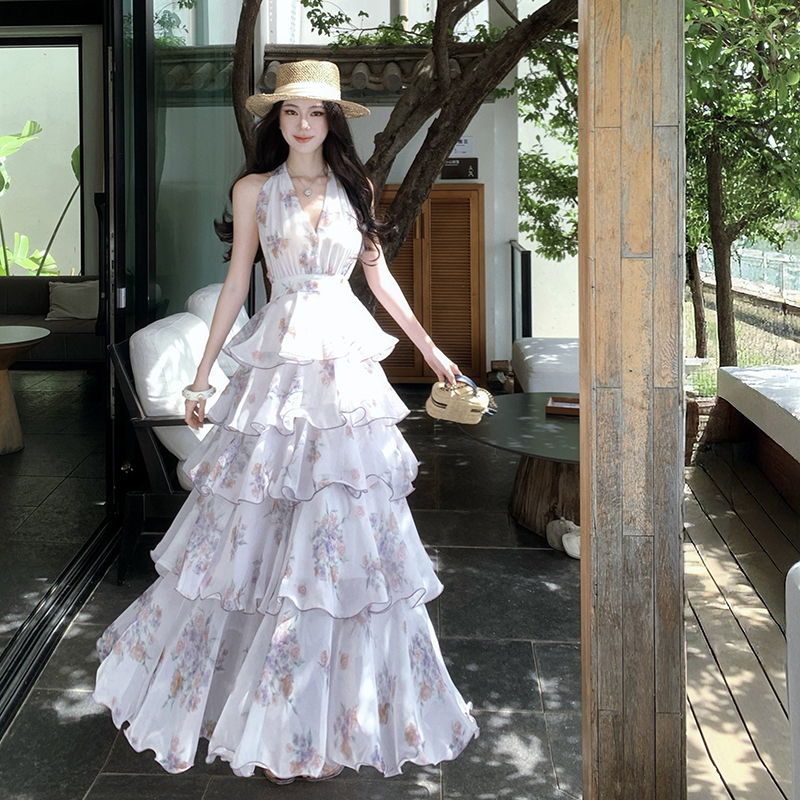 Printing chiffon beautiful halter lotus leaf edges dress