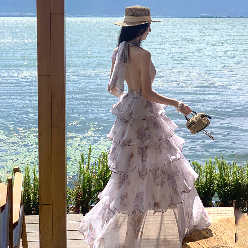 Printing chiffon beautiful halter lotus leaf edges dress