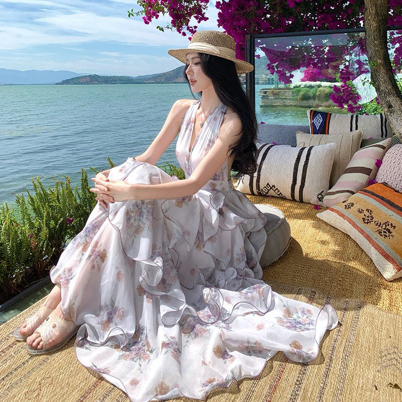 Printing chiffon beautiful halter lotus leaf edges dress