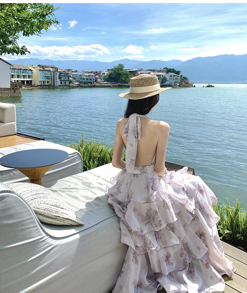 Printing chiffon beautiful halter lotus leaf edges dress