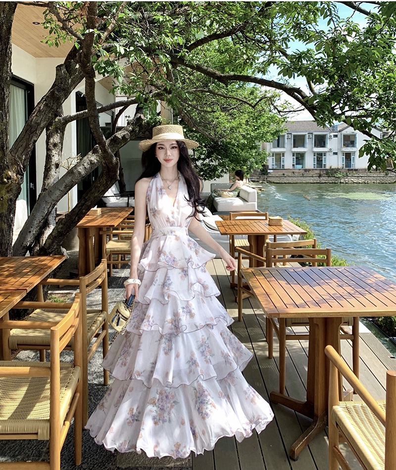 Printing chiffon beautiful halter lotus leaf edges dress