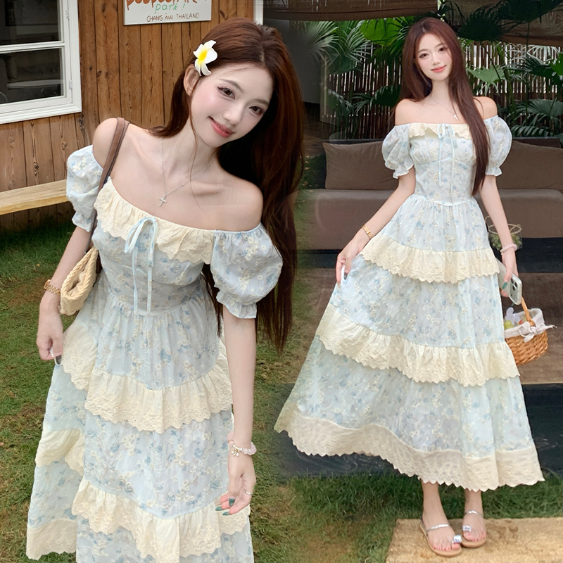 Sweet puff sleeve large yard maiden fat dress for women