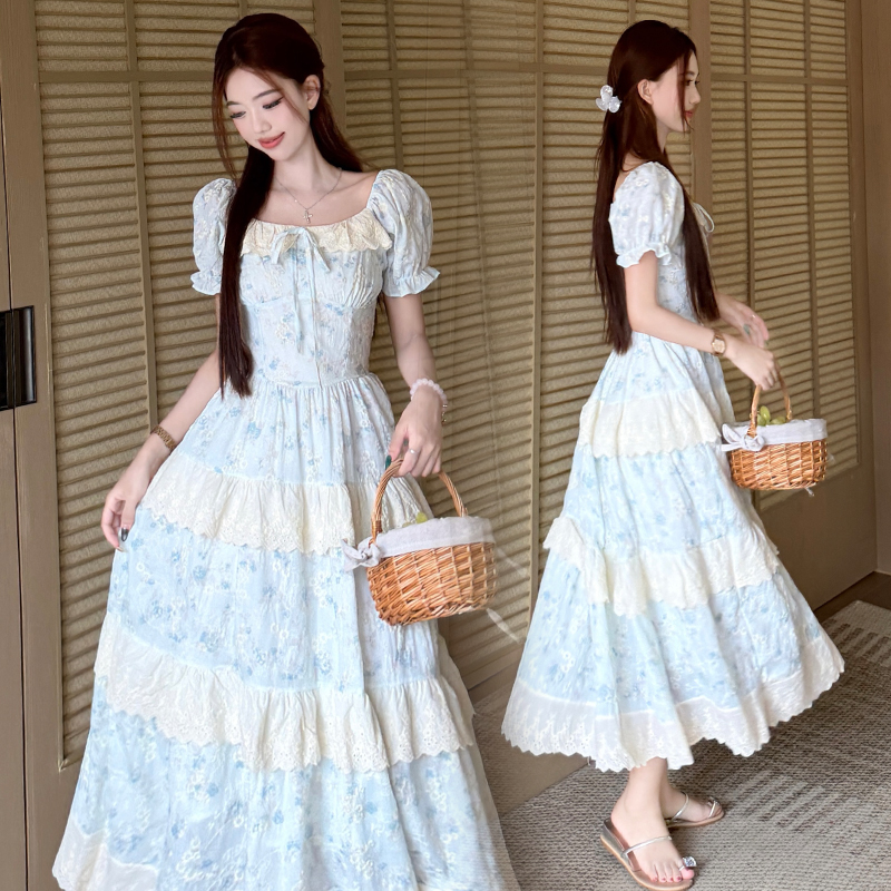 Sweet puff sleeve large yard maiden fat dress for women