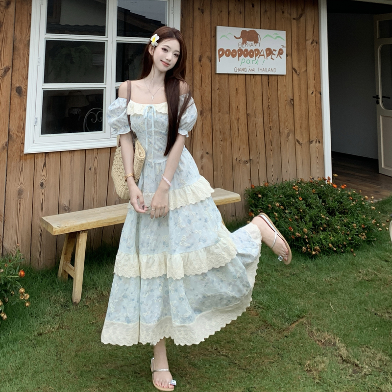 Sweet puff sleeve large yard maiden fat dress for women