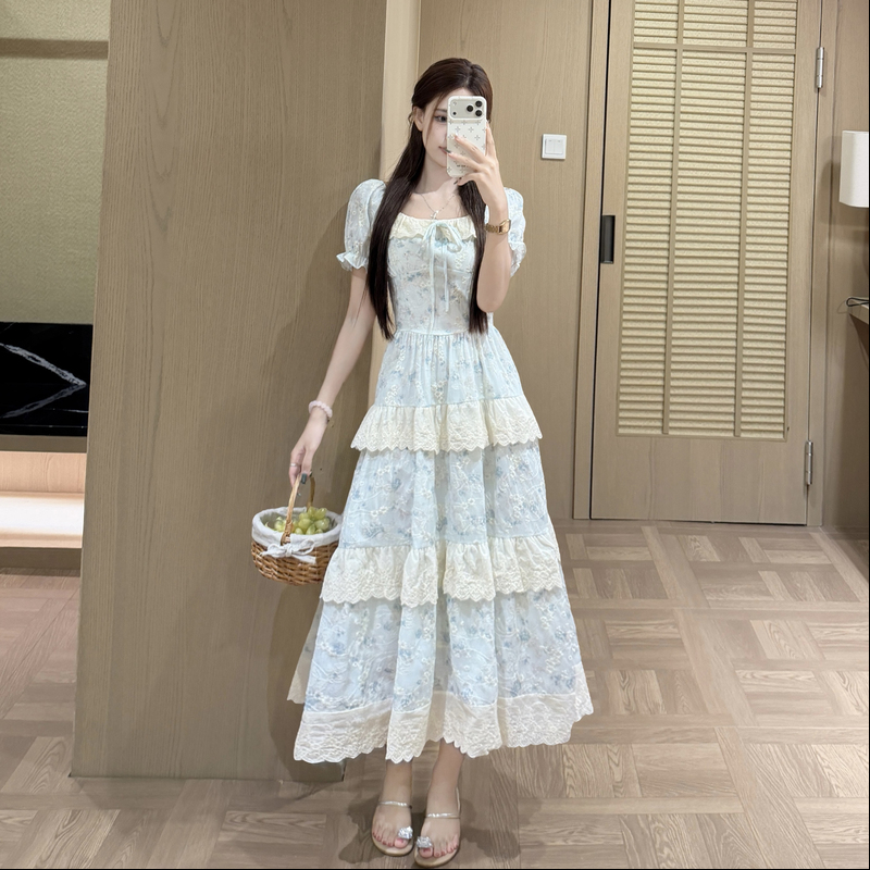 Sweet puff sleeve large yard maiden fat dress for women