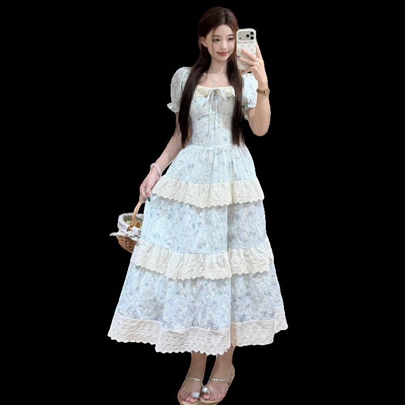 Sweet puff sleeve large yard maiden fat dress for women