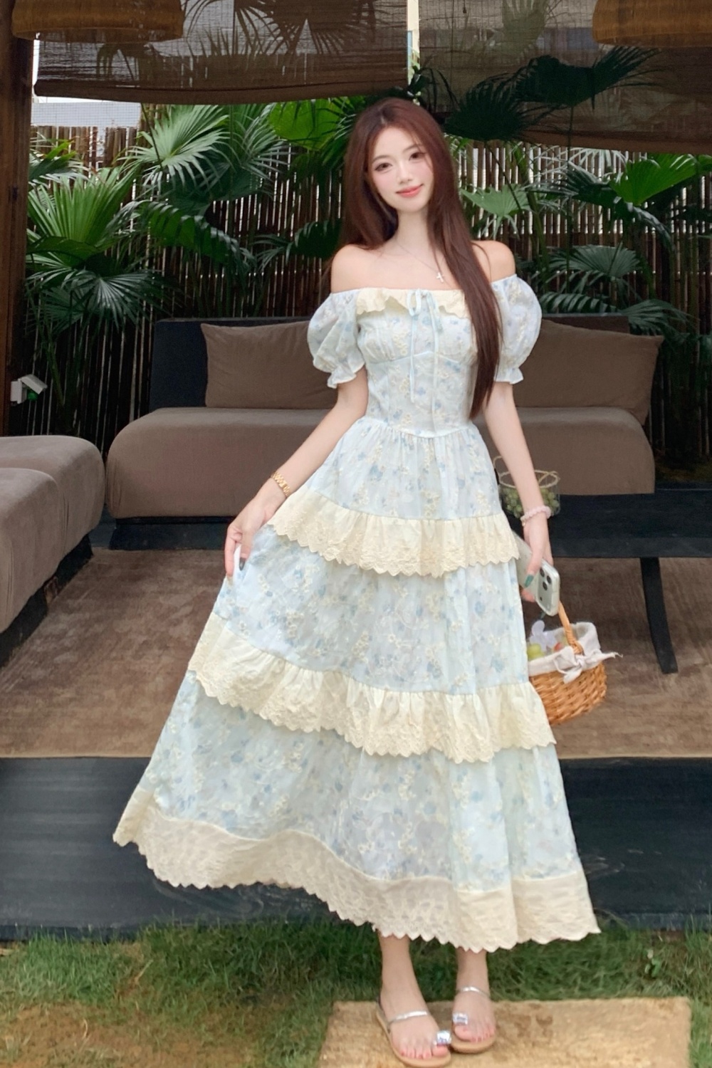 Sweet puff sleeve large yard maiden fat dress for women