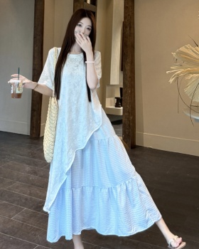 Plaid vacation strap dress irregular smock 2pcs set