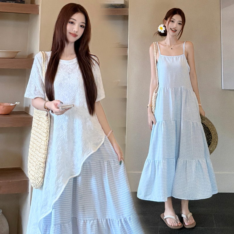 Plaid vacation strap dress irregular smock 2pcs set
