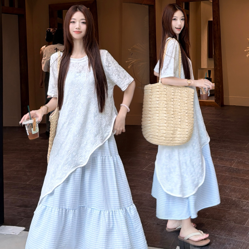 Plaid vacation strap dress irregular smock 2pcs set