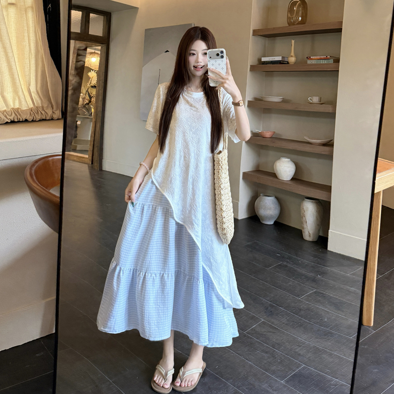 Plaid vacation strap dress irregular smock 2pcs set