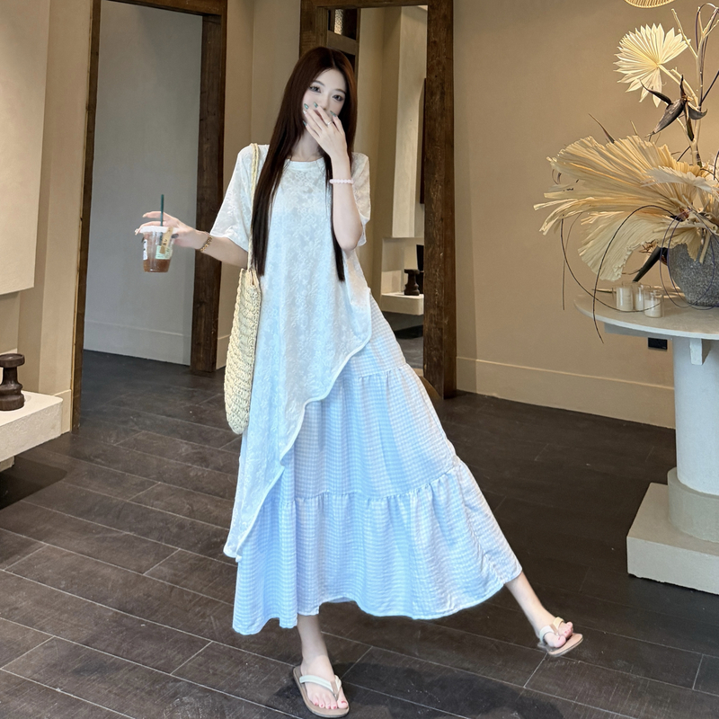 Plaid vacation strap dress irregular smock 2pcs set