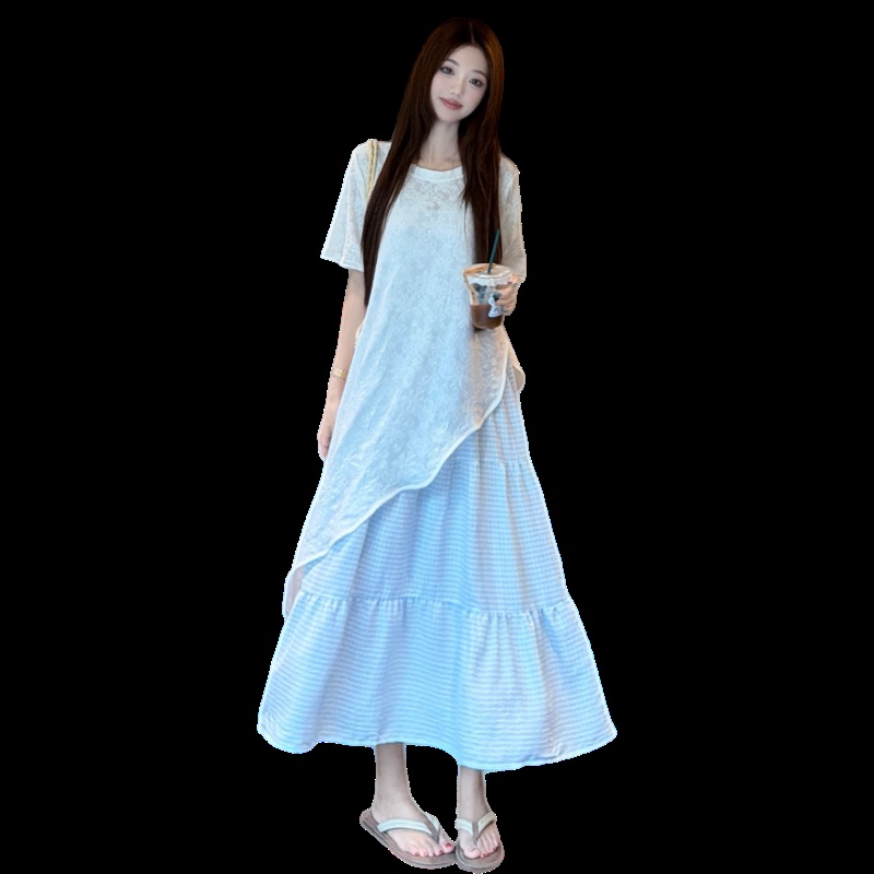 Plaid vacation strap dress irregular smock 2pcs set