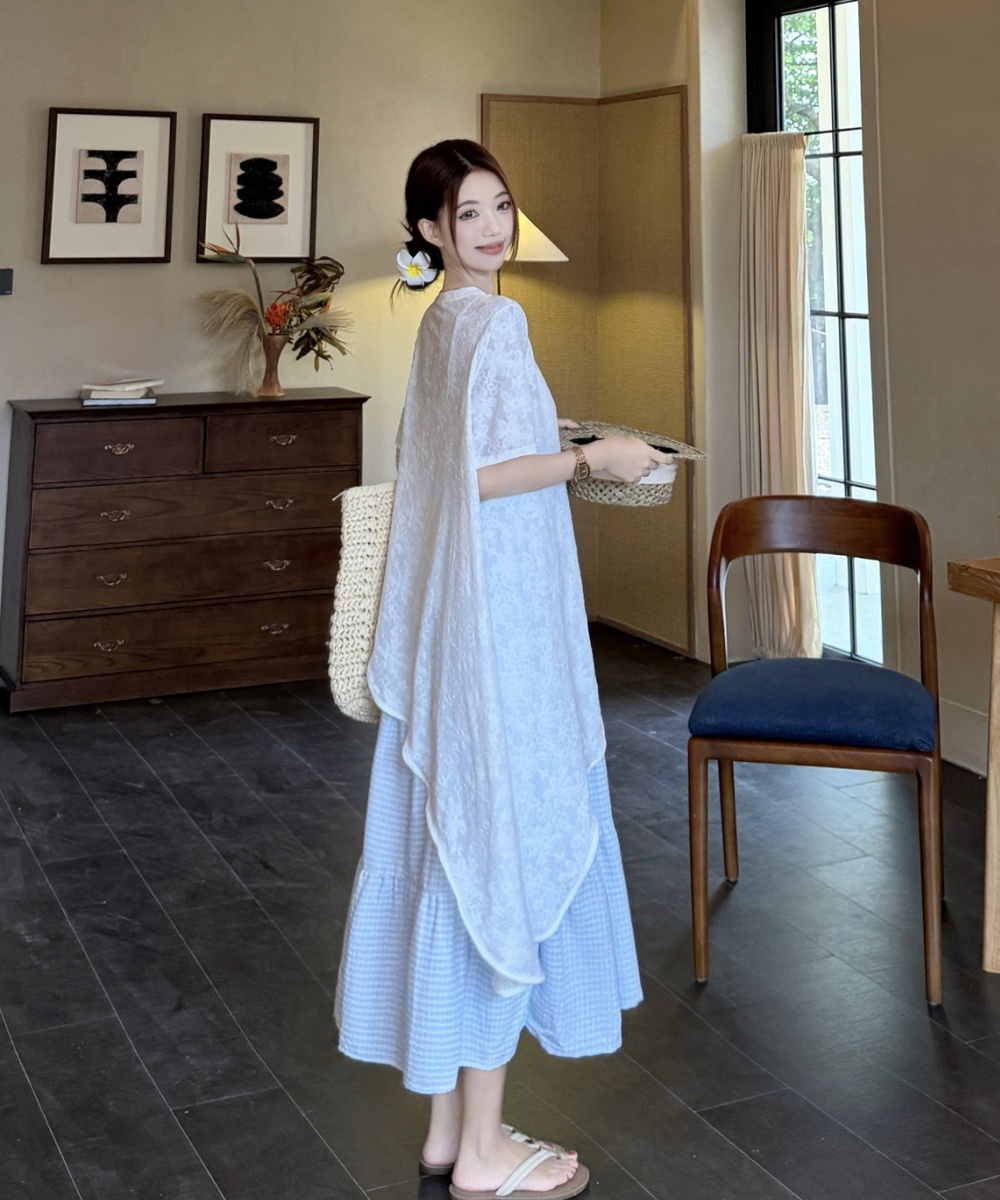 Plaid vacation strap dress irregular smock 2pcs set