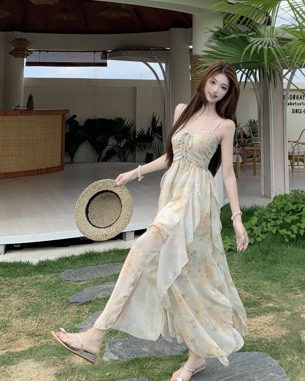 Painting vacation dress summer strap dress 2pcs set