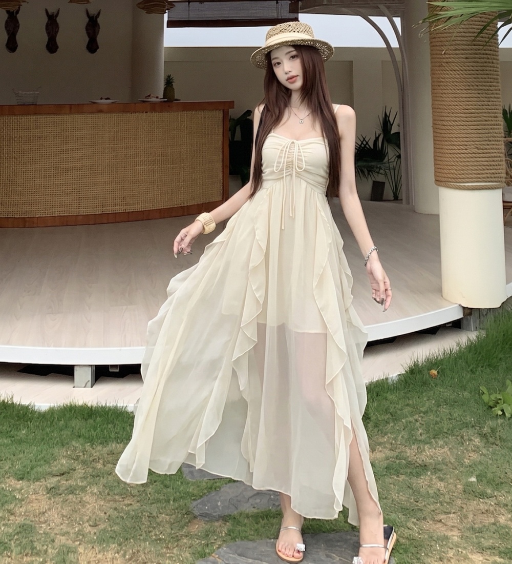 Painting vacation dress summer strap dress 2pcs set