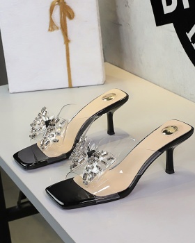 Sexy rhinestone slippers European style square head lazy shoes