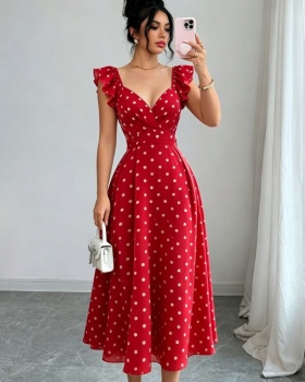 Bow printing fold lotus leaf edges dress for women