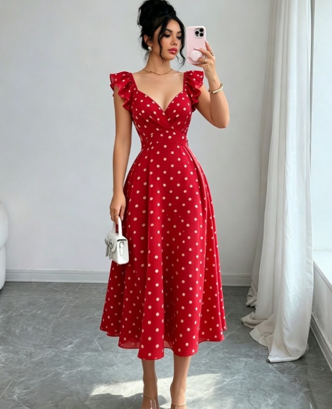 Bow printing fold lotus leaf edges dress for women