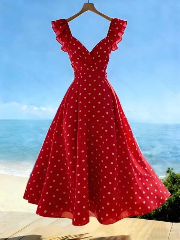 Bow printing fold lotus leaf edges dress for women