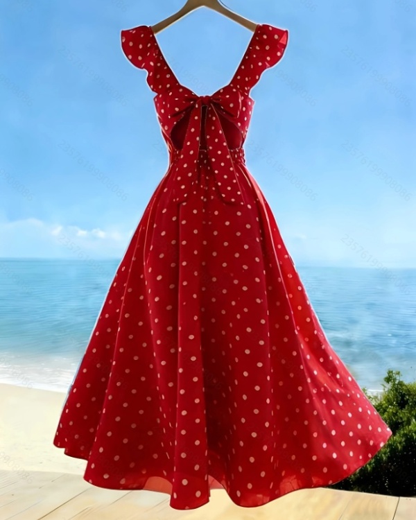 Bow printing fold lotus leaf edges dress for women