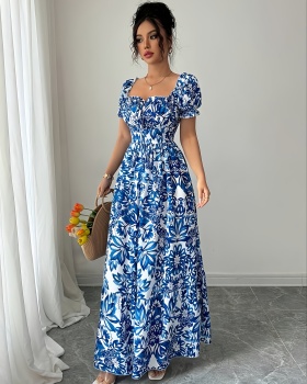 Puff sleeve summer printing long pinched waist dress