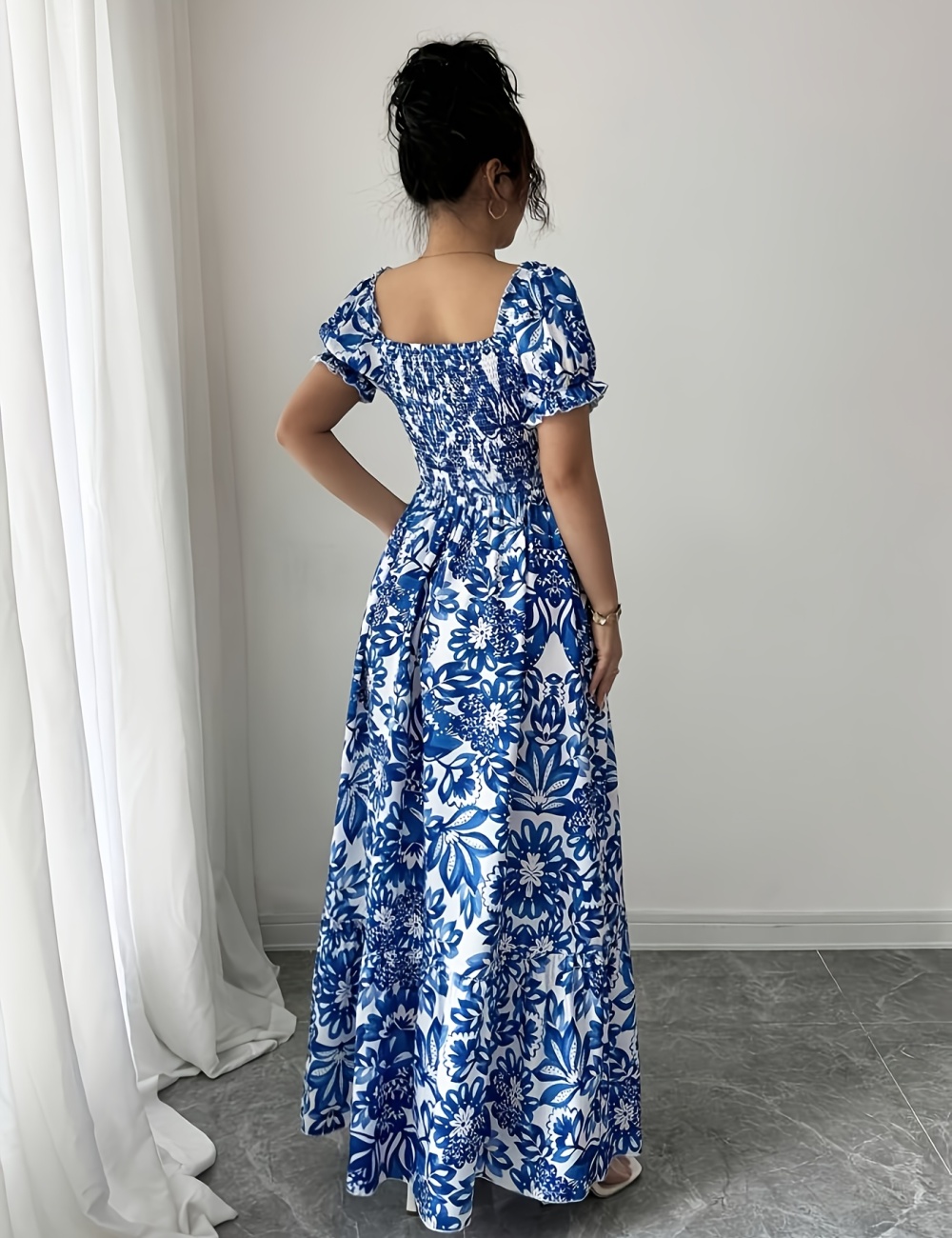 Puff sleeve summer printing long pinched waist dress