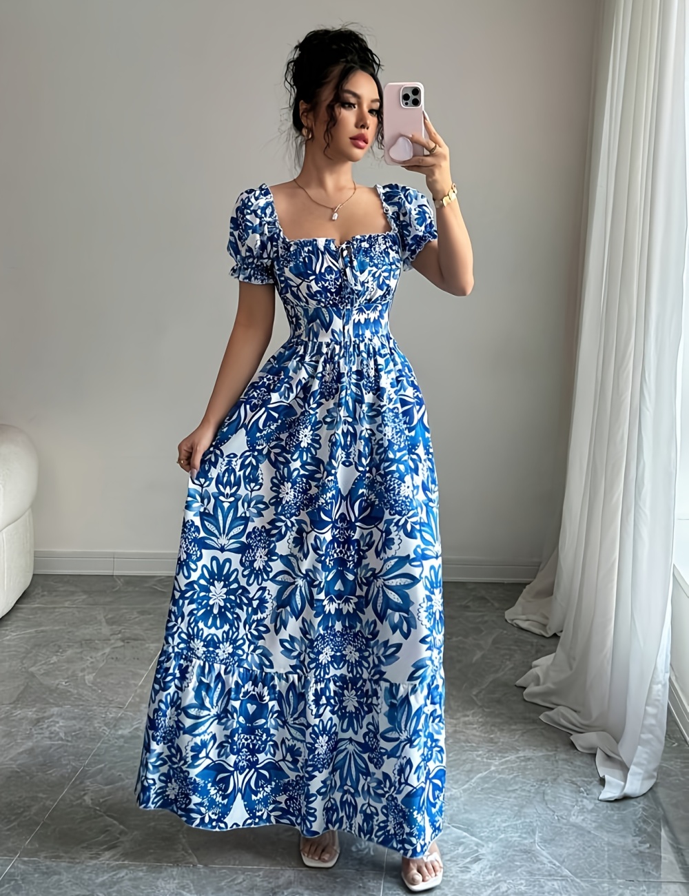 Puff sleeve summer printing long pinched waist dress