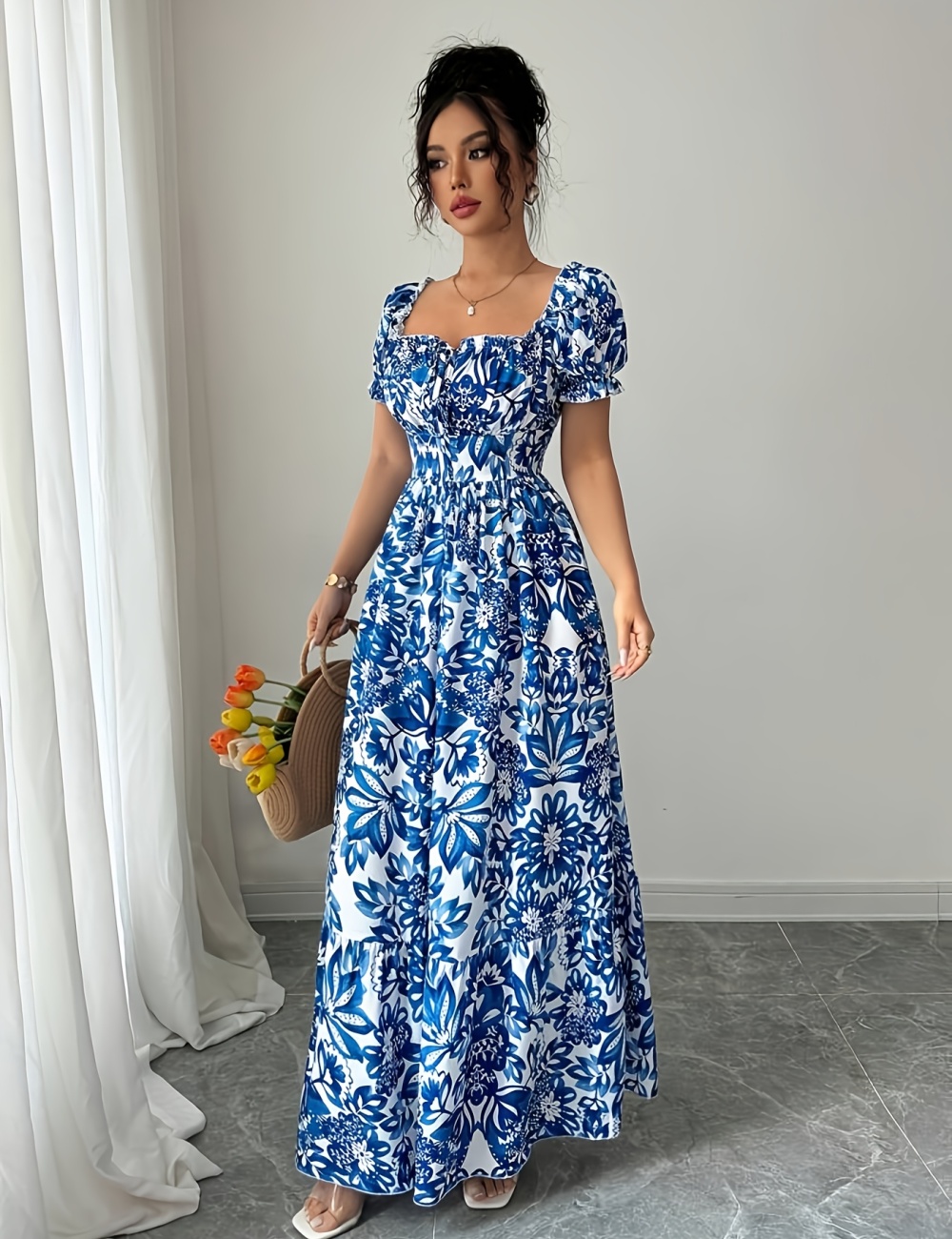 Puff sleeve summer printing long pinched waist dress