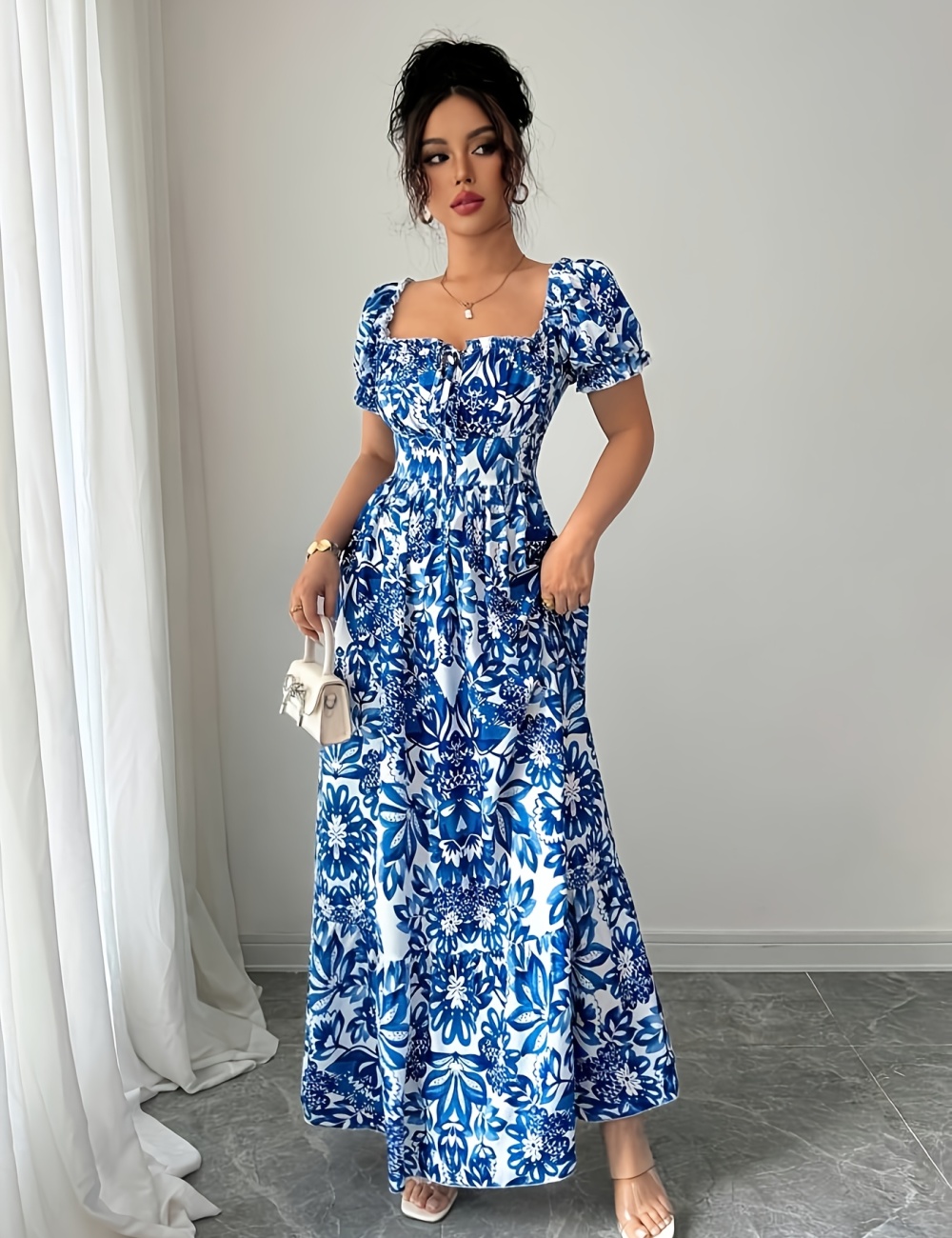 Puff sleeve summer printing long pinched waist dress