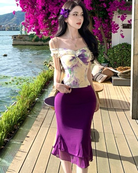 Summer floral flat shoulder spicegirl tops 2pcs set for women