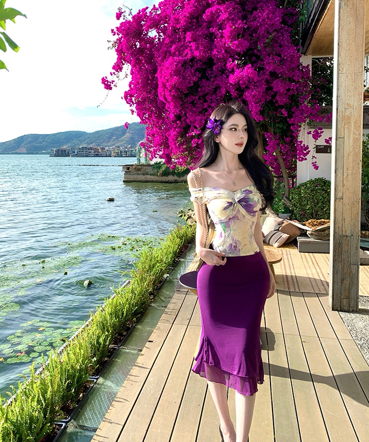 Summer floral flat shoulder spicegirl tops 2pcs set for women