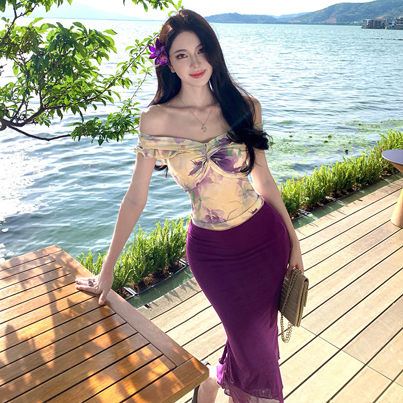 Summer floral flat shoulder spicegirl tops 2pcs set for women