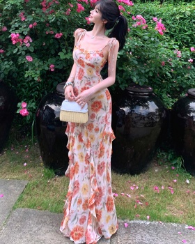Sling floral lotus leaf edges vacation wood ear dress