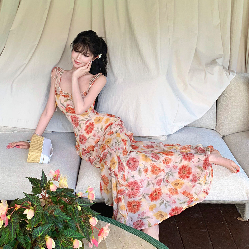 Sling floral lotus leaf edges vacation wood ear dress